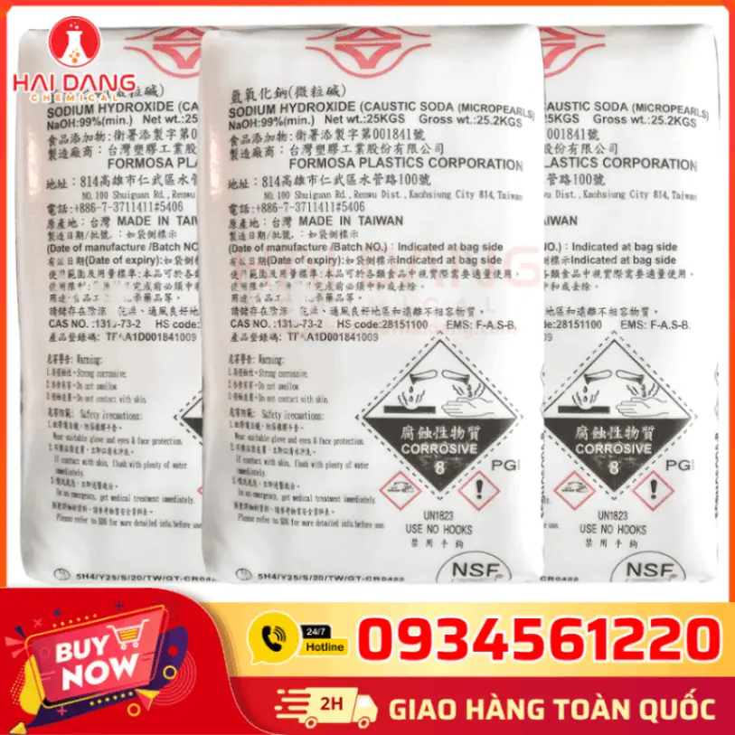 Xút Vảy Sodium Hydroxide NaOH 99% Đài Loan 25kg/Bao – Hóa Chất Tẩy Rửa Cáu Cặn