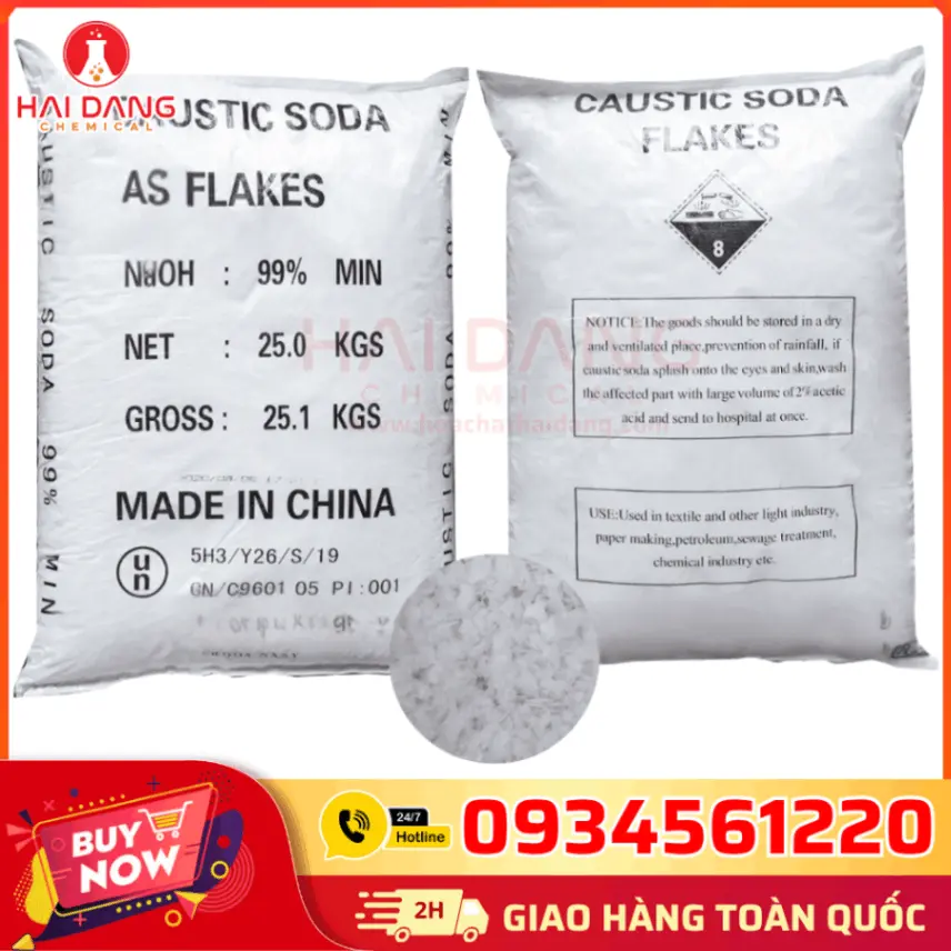 Xút Vảy Sodium Hydroxide 99% NaOH Trung Quốc 25kg/Bao – Chất Tẩy Rửa Nhà Hàng, Khách Sạn