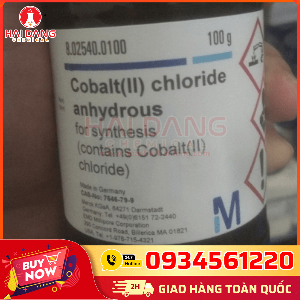 Cobalt(II) Chloride Anhydrous Đức Merck lọ 100g – Hóa chất khan dùng trong phân tích và tổng hợp vô cơ – Độ tinh khiết cao.