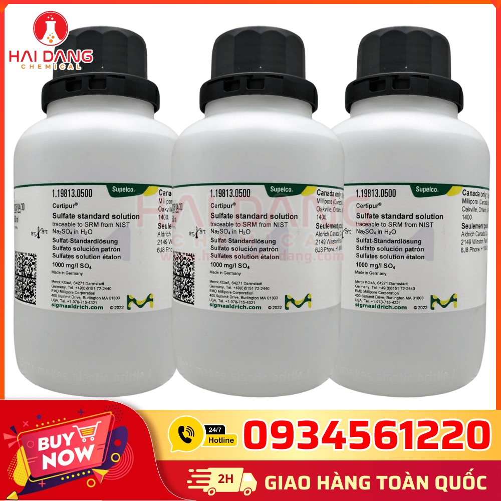 Dung dịch chuẩn sulfate SO₄ Merck Đức phục vụ phân tích phòng thí nghiệm.
