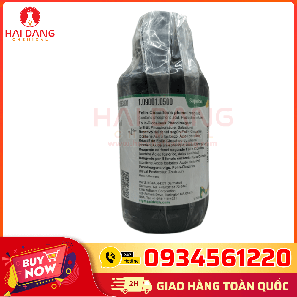 Thuốc thử Folin Ciocalteu Merck Đức lọ 500ml dùng phân tích phenol.