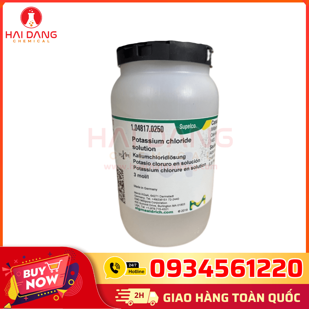 Dung dịch Potassium Chloride 3mol/L Merck 250ml dùng phân tích hóa học.
