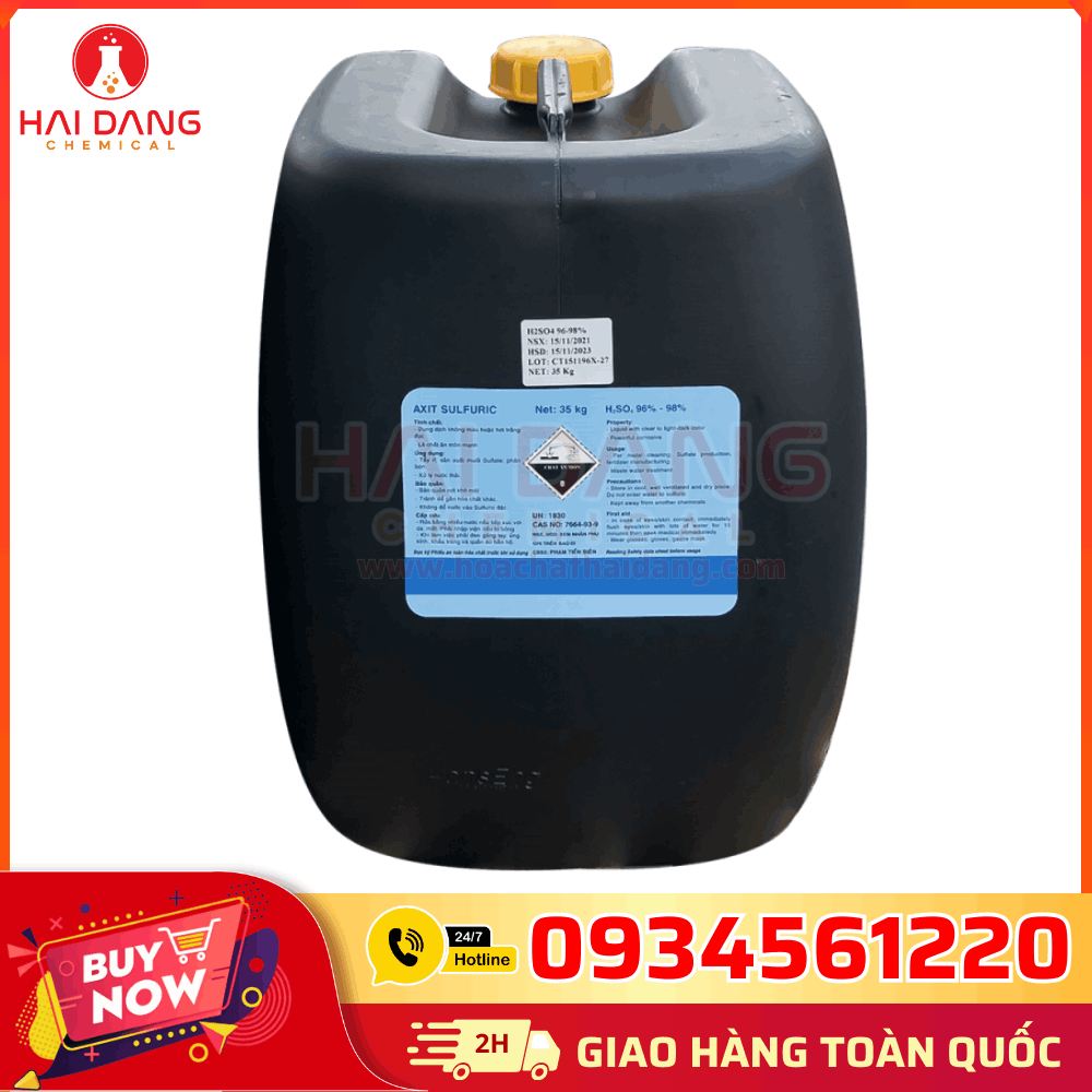 Axit Sunfuric H₂SO₄ 98% – Hóa Chất Công Nghiệp Việt Nam Can 35kg