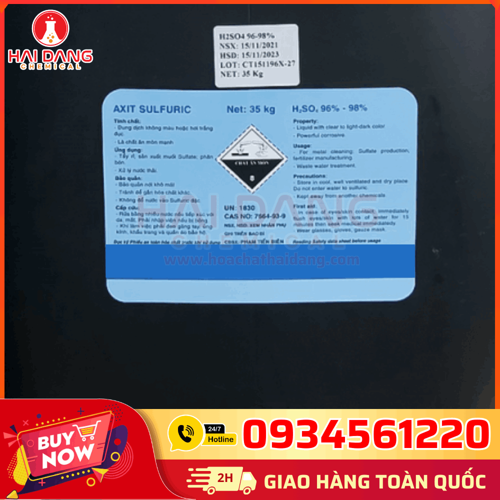 Axit Sunfuric Việt Nam – Can 35kg, COA MSDS Đầy Đủ, Giao Hàng Toàn Quốc