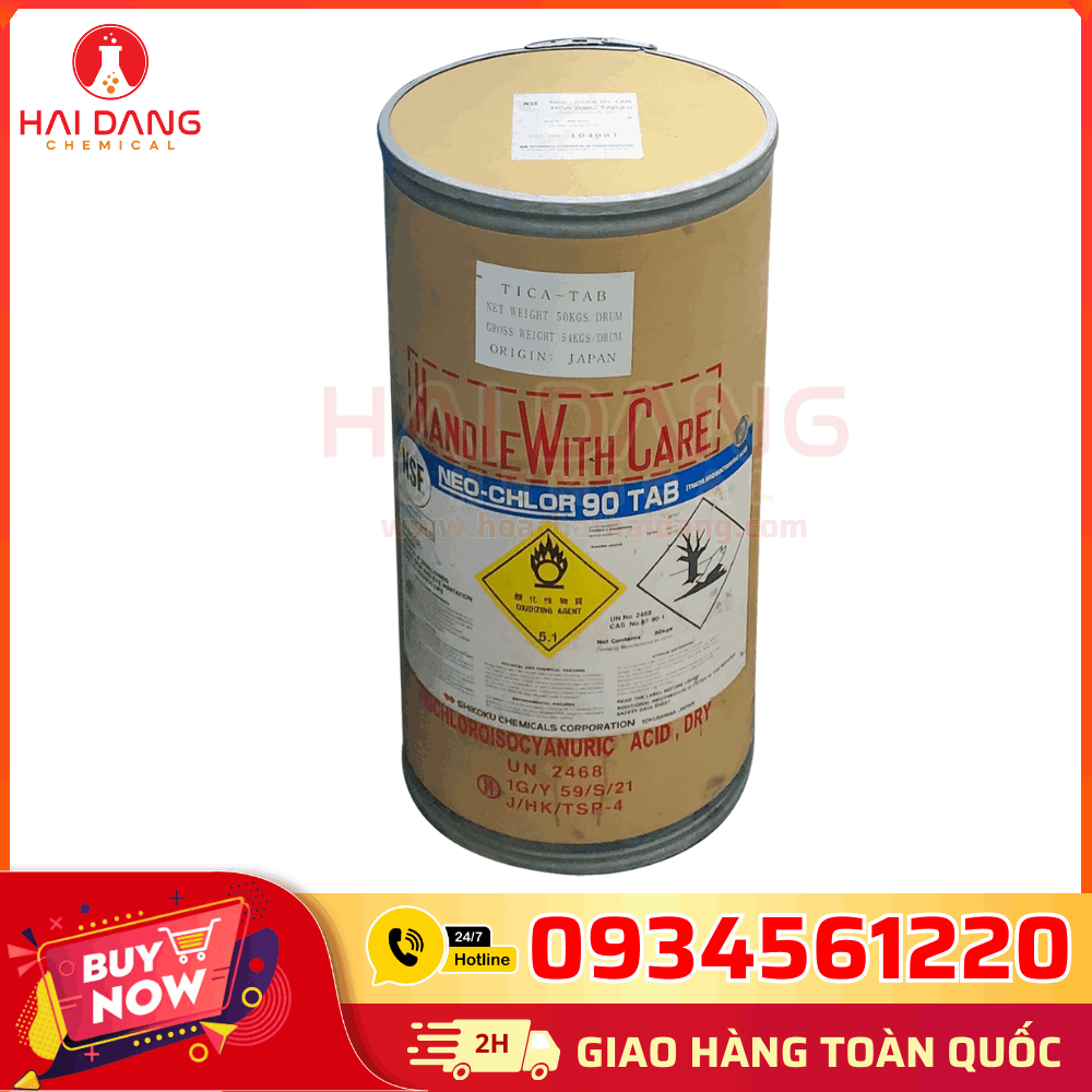 Trichloroisocyanuric Acid TCCA Shikoku Nhật Bản – Viên 200g C₃Cl₃N₃O₃ 90%, Thùng 50kg, Hóa Chất Khử Trùng Hồ Bơi Cao Cấp