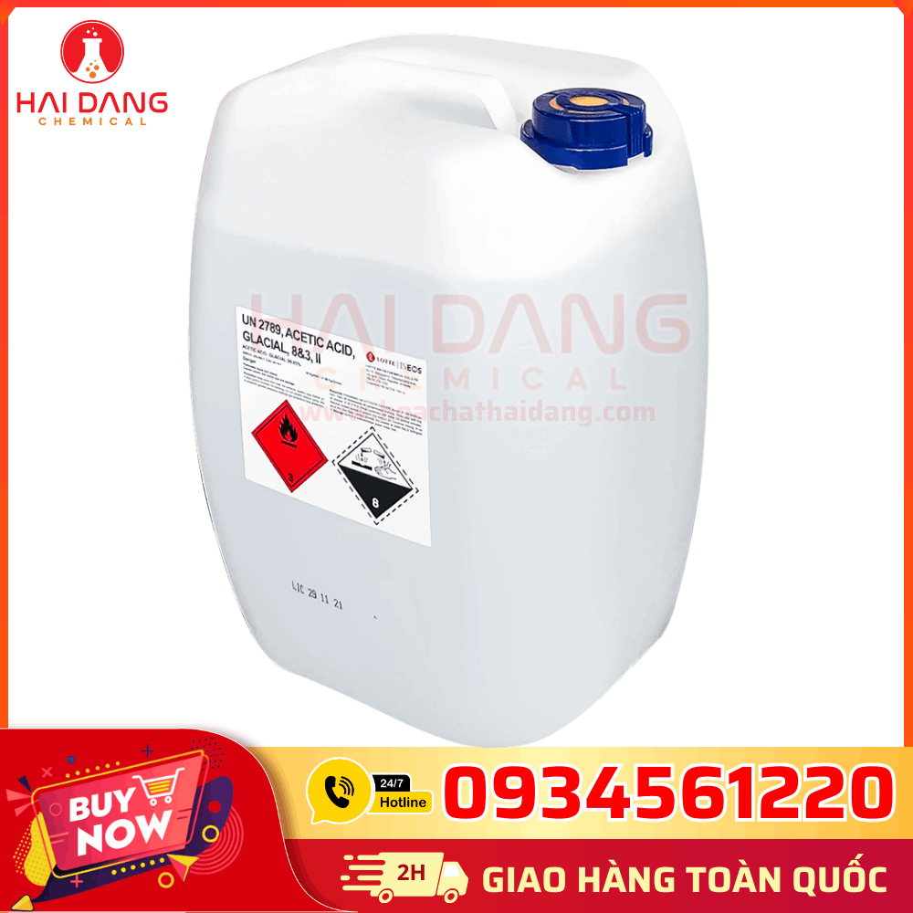 Axit Axetic 99% Hàn Quốc – Dạng lỏng không màu, mùi đặc trưng, tan tốt trong nước, ứng dụng trong điều chỉnh pH và tổng hợp hữu cơ.