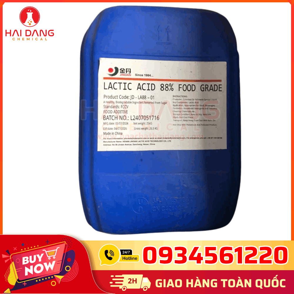 Acid Lactic C₃H₆O₃ 88% Trung Quốc 25kg/can – Chất tạo chua tự nhiên, điều chỉnh pH và ổn định cấu trúc trong thực phẩm, đồ uống và sữa chua.