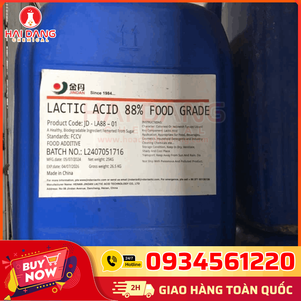 Axit Lactic 88% Trung Quốc – Dung dịch lỏng trong suốt, tan tốt trong nước, dùng trong công nghiệp thực phẩm, mỹ phẩm và tẩy rửa.