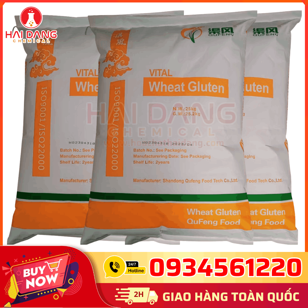 Gluten lúa mì thực phẩm Trung Quốc – Dạng bột vàng nhạt, tan đều, dùng trong bánh mì, mì sợi, chả cá và xúc xích.